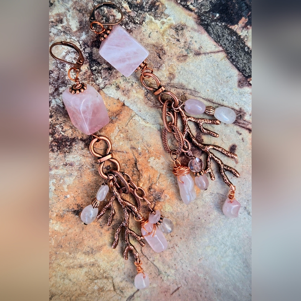 Bohemian Rose Quartz In Very Long Copper Earrings For The Botanical Marine Muse